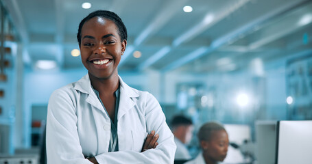 Poster - Laboratory, woman and portrait with smile for pride, medical research and about us with confidence. Healthcare, female person and scientist with arms crossed for science or pharmaceutical development
