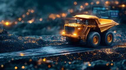 Poster - a massive open pit mining at night with a large haul truck illuminated by the glow of surrounding li