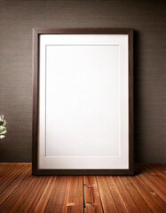 Poster - Empty frame mockup on wooden floor against a brown wall. Perfect for displaying artwork, photos, or posters in a realistic interior setting.