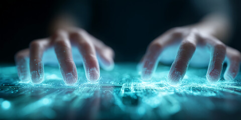 Poster - Close-up of fingers interacting with glowing teal digital surface, showcasing futuristic technology and interaction, symbolizing innovation and connectivity