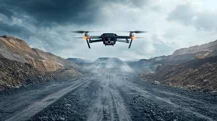 Poster - a drone equipped with advanced mapping and visualization technology hovers above an open pit mining 