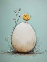Aufkleber - Whimsical Sketch Features a Cheerful Chicken Atop a Large Egg Set Against a Soft Pastel Background Generative AI