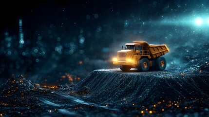 Poster - a large industrial dump truck illuminates the rugged terrain of an open pit mining site surrounded b