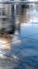 Poster - Blue smoke and glowing lights fill a dark room, creating an ethereal atmosphere with shimmering reflections on the floor
