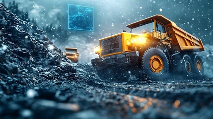 Poster - a large yellow mining dump truck navigates a snowy open pit mine assisted by advanced technological 