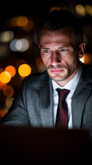 Poster - Close-up of a man in a suit, working on a laptop at night, city lights blurred in background, conveying focus and late-night work