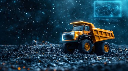 Poster - a rugged mining excavator vehicle displayed against a starry night sky with a holographic projection