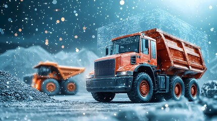 Poster - large powerful mining trucks and heavy traversing a vast wintry open pit environment with real time 