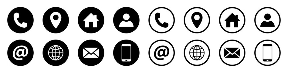 set of contact and communication icons in silhouette and outline circle style. contact information i
