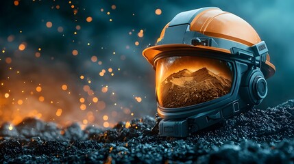 Poster - a photograph depicting advanced mining helmets equipped with augmented reality technology projecting