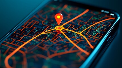 Poster - Close up view of a digital map application on a smartphone displaying route details and a GPS pin dropped on a specific location