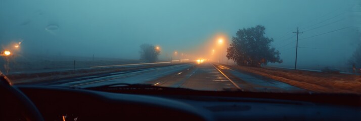 Aufkleber - Foggy Morning Drive Along a Winding Road as Dawn Breaks With Dim Streetlights Illuminating the Surroundings Generative AI