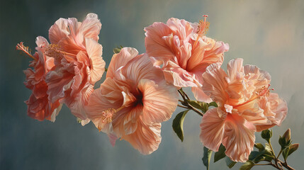 Poster - Close-up of four peach hibiscus flowers, delicate petals, detailed texture, soft light, tranquil aesthetic, showcasing floral beauty and natural elegance