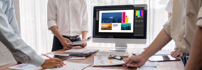 Fototapete - Graphic designer software for modern design of web page and commercial brisk ads showing on the computer screen