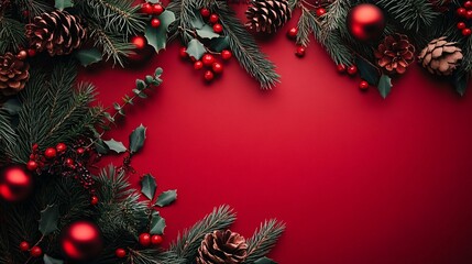 Wall Mural - Christmas border composition made of fir branches, red baubles and pine cones on red background