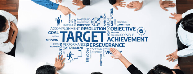 Poster - A dynamic business meeting showcasing teamwork and goal setting, highlighting words like target and achievement that inspire collaboration and future success in a corporate environment. Amity