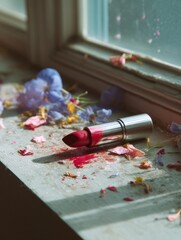 Poster - Melted Lipstick on a Warm Windowsill Alongside Delicate Flower Petals in Soft Natural Light Generative AI