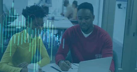 Poster - Woman and man reviewing business documents at conference table, overlaying charts and data elements