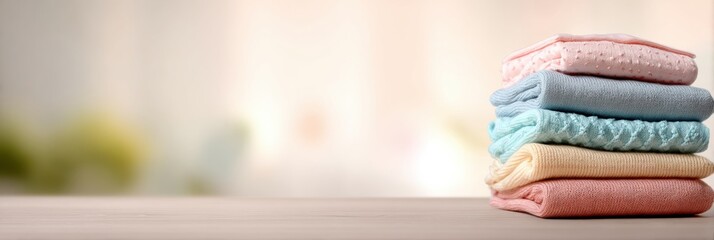 Aufkleber - Neatly Stacked Baby Clothes Adding a Cozy Touch to a Soft, Blurred Background in a Nursery Generative AI