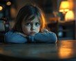 © Aisha - A sad child sitting at a table, with their arms crossed and head resting on them, soft light filling the room
