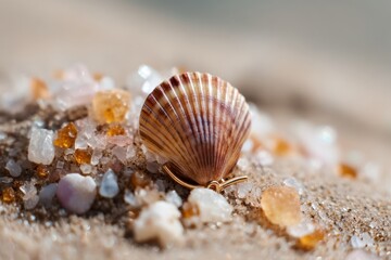 Poster - Seashell Earring Resting Gently on Warm Sand With Glimmering Grains During a Sunny Beach Day Generative AI
