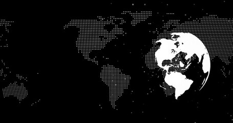 Poster - 3D dotted world map and white globe floating over black background, with scattered particle dots