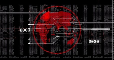 Poster - 3D render showing red globe rotating within dashed gauge, featuring code logs and timeline pointers