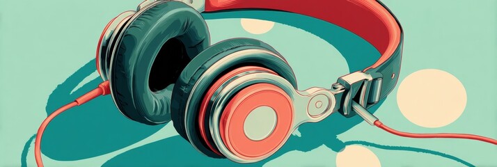 Poster - Colorful Wired Headphones Resting in Their Case With a Flat Illustration Showcasing a Vibrant Background and Plenty of Negative Space Generative AI