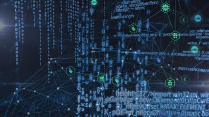 Poster - Dark blue mesh showing floating alphanumeric code snippets connecting green hexagon ecommerce icons
