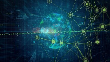 Poster - Stylized 3D globe being projected over blue grid, displaying yellow green hexagonal data nodes