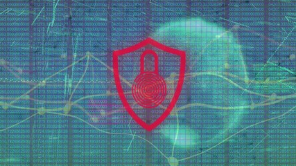 Poster - red shield icon floating over grid and wireframe globe, showing fingerprint motif and glowing lines