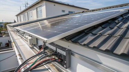 Poster - A closeup image revealing the connection points and wiring of photovoltaic panels as they seamlessly integrate into the outer skin of a building.