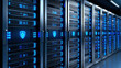 © Eak - Secure server room with rows of blinking servers, featuring glowing blue lights and lock icons, creating high tech atmosphere of data protection and security