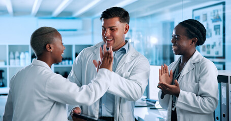 Poster - Science, laboratory and people high five to celebrate for study results, breakthrough and medical success. Healthcare, pharmaceutical and men and women on tech excited for research, discovery or cure