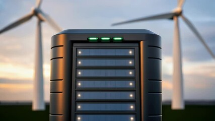 Aufkleber - Green energy storage battery charging, with wind turbines providing sustainable power in the background, symbolizes renewable energy and technological advancement