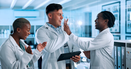 Poster - Science, high five and people on tablet in lab celebrate for results, breakthrough and medical success. Healthcare, pharmaceutical and men and women on tech excited for research, discovery and cure