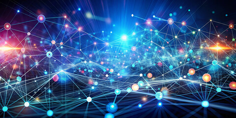 Poster - Colorful nodes and lines create a complex digital network, highlighting connections and data flow. This representation conveys the energy and innovation of technology