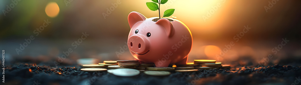 Pink piggy bank with a small plant growing from it, surrounded by coins ...