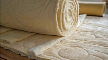 Aufkleber - A closeup of an ecofriendly insulation roll being unrolled capturing the soft quilted layers and the natural color variations within the material.