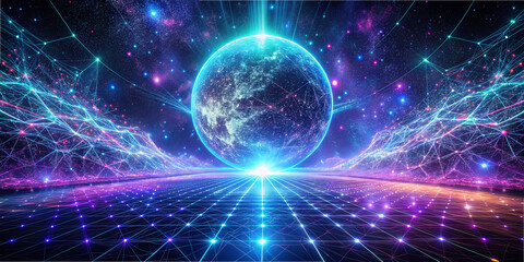 Poster - A vivid cosmic landscape features a luminous planet surrounded by bright networks and a starry sky. The scene captures a futuristic, digital essence with radiant colors