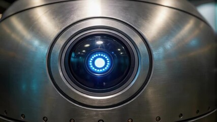 Fototapete - A closeup of a robotic eye equipped with advanced imaging technology focusing on a metal surface while glowing with artificial light.