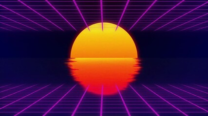 Poster - Retro-futuristic landscape glowing with orange half circle sun reflecting on neon purple grid