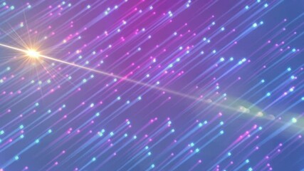 Poster - Bright starburst flare emitting diagonal beam, featuring multicolor particle streaks in 3D render