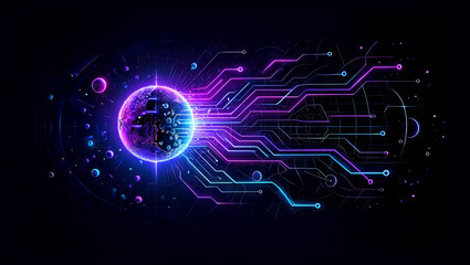 Poster - A vibrant digital artwork showcases a futuristic globe surrounded by colorful circuits and cosmic elements. Bright lines radiate from the center, creating a sense of movement and energy