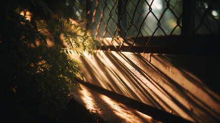 Poster - A fence with foliage and light shining through creating shadows on a wall in a dark setting