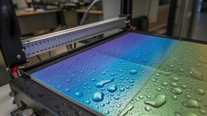Aufkleber - Industrial uv printer applying vibrant ink on ceramic tiles, generating rainbow gradient pattern with water droplets displaying hydrophobic surface effect during advanced manufacturing process