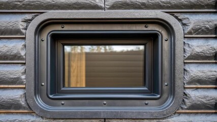 Aufkleber - A closeup of a window frame integrated into a 3Dprinted home made from repurposed metal highlighting the juxtaposition of smooth curved edges with the rough texture of the