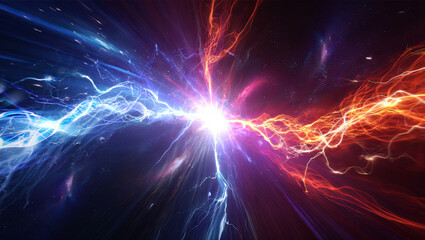 Poster - Vivid energy waves in blue and red clash in a cosmic space, producing a spectacular explosion of light and dynamic patterns, suggesting motion and intensity