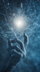 Fototapete - Abstract hand reaching for glowing light bulb in a digital atmosphere, symbolizing innovation, creativity, and inspiration in a modern world
