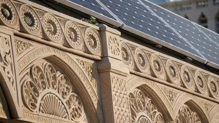 Poster - A closeup of photovoltaic panels embedded in decorative architectural features demonstrating how energygenerating technology can enhance aesthetic appeal.